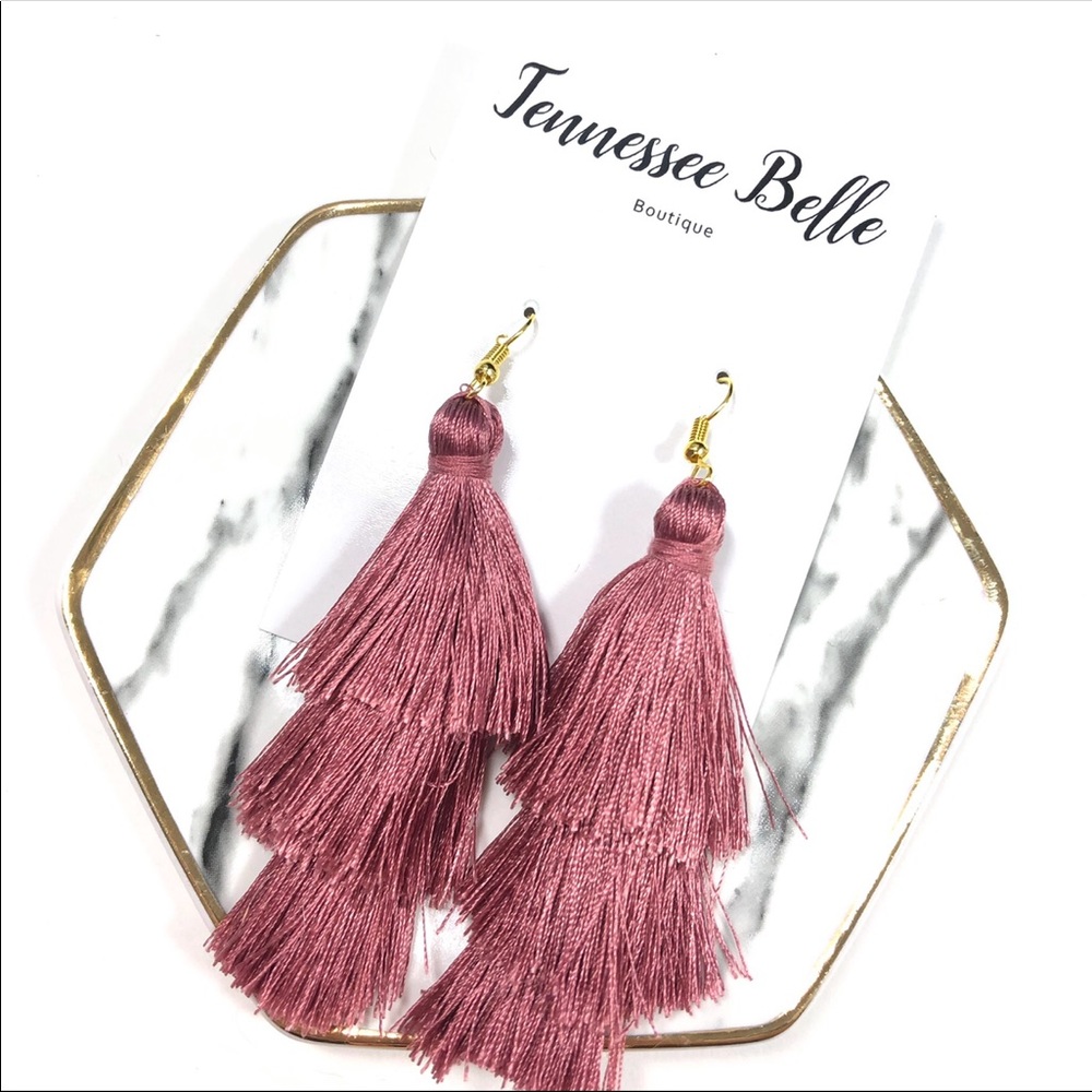 Mauve Pink Tassel Fringe Dangle Statement Earrings